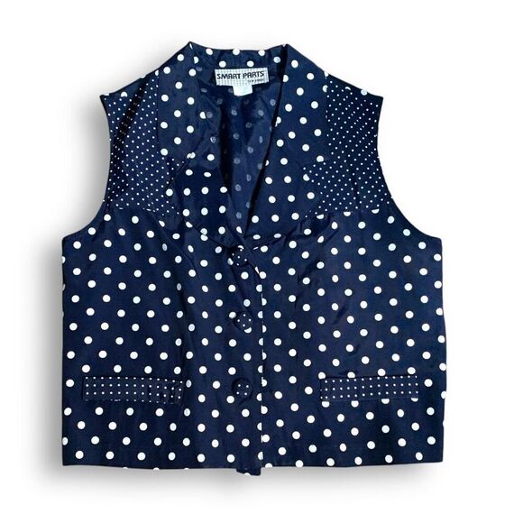 Vintage Navy Blue Polka Dot Waistcoat Tailored  Suit Blazer Vest Vneck Tie Back - Picture 1 of 12